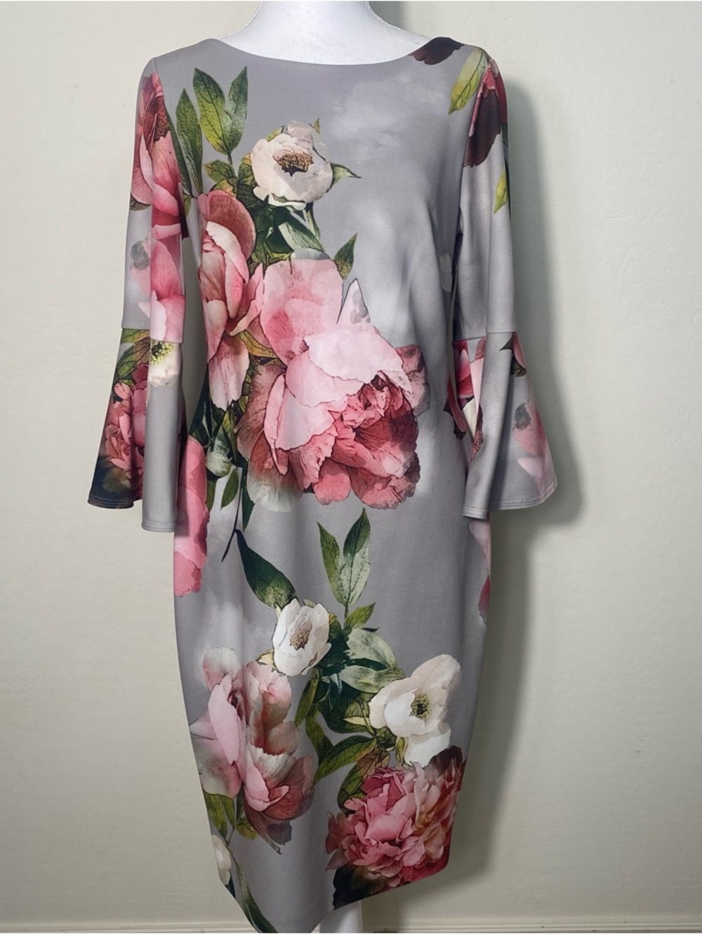 Calvin Klein Gray Dress with Pink Floral Print and Bell Sleeves Size8